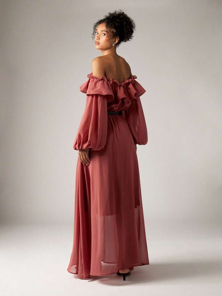 Off Shoulder Ruffle Maxi Dress With Balloon Sleeves