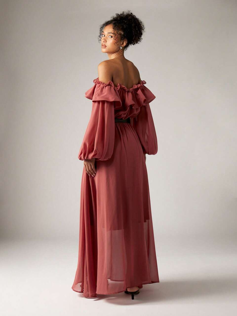AiiRZ Off Shoulder Ruffle Maxi Dress Long Balloon Sleeve Empire Waist Special Occasion Flowy Chiffon Gown Wedding Guest Party Evening Formal Dress