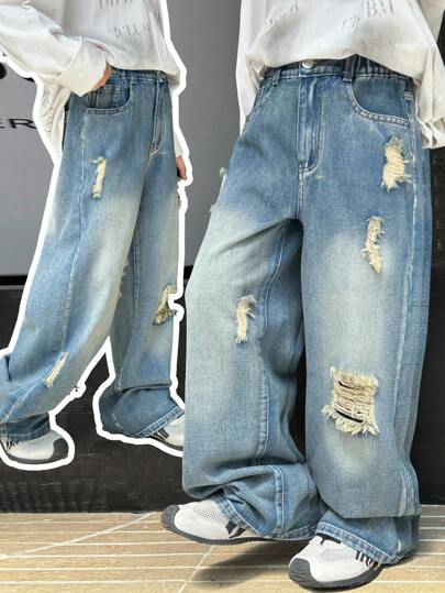 Tween Boys' Vintage Distressed Straight Leg Jeans, Streetwear Fashion Casual Academic Style Recommended! Vintage Washed Blue Comfortable Denim Fabric, Distressed Design, Showcases Personalized, Campus Casual, Back To School Season, Travel And Vacation, Photoshoots And More, Easily Become The Coolest Kid On The Street!