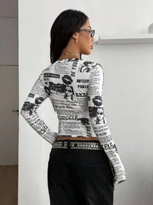 Coolane 女款 Y2K 街头风树枝图案紧身 V 领 T 恤 - 黑與白 - 查看 5