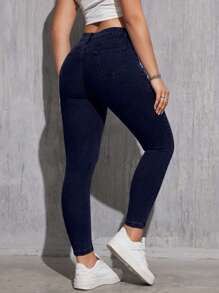 SHEIN Cottnline Women's Casual Solid Color Front Button Skinny Jeans - Dark Wash - View 2