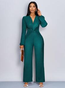 SOLERSUN Bộ đồ liền thân dài tay cổ chữ V sâu thắt nút xoắn - Màu xanh lá cây đậm - Xem 4