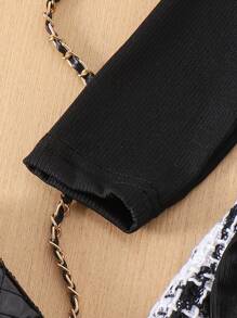 SHEIN Playful Pals 2 件套女婴针织长袖圆领 T 恤和裙子套装，优雅时尚秋冬装 - 黑色 - 查看 7