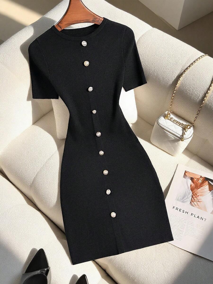 Franclia Women's Summer Casual Decorative Button Fitted Knit Dress - Black - View 1