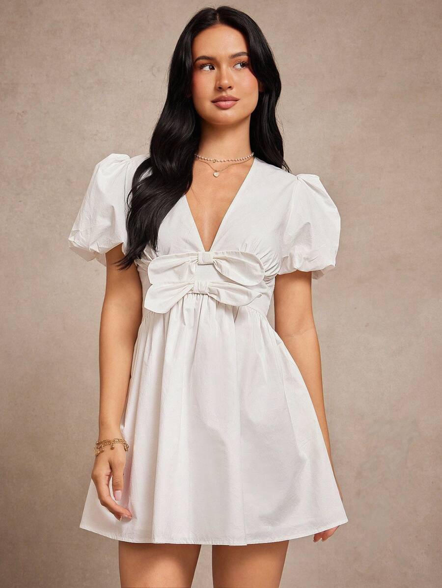 WESTFADE 100% 纯棉府绸 V 领蝴蝶结前短款泡泡袖修身喇叭迷你连衣裙 返校季乡村西部秋季服装复古 - 白色 - 查看 1