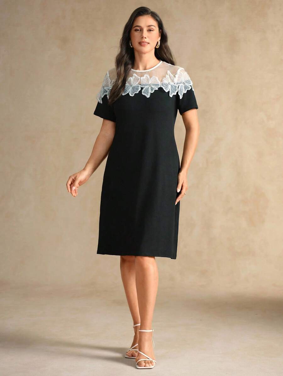 Flouryn Gaun Hitam Kasual Wanita Ukuran Besar dengan Motif Bunga Renda dan Jala, Cocok untuk Wanita Kenakan di Musim Panas, Musim Semi/Musim Panas/Musim Gugur - Hitam - View 1