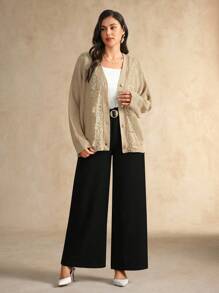 Flouryn Plus Size Elegant Commuter Solid Color Lace Trim Cardigan Fall Winter Cloth For Women Autumn - Khaki - View 6