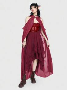 ROMWE Fairycore Forest Fairy Queen Solid Color Hooded Loose Vintage Cape - Burgundy - View 4