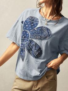 Bohemela Áo thun nữ cổ tròn dệt kim màu trơn họa tiết kỳ nghỉ mềm mại, giặt rộng, mùa hè - Màu xanh lam - Xem 3