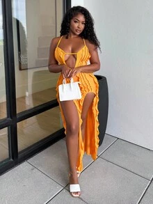 Alexandranx Women's Vacation Solid Color Ruffle Hem Split High Low Cami Dress - Yellow - View 6