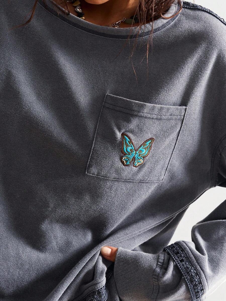 Bohemela 秋冬波西米亚风音乐节休闲纯色针织圆领宽松水洗女式图案卫衣 - 灰色 - 查看 1