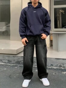 DAZY 男士纯色休闲宽松工装牛仔裤，秋季 - 黑色 - 查看 5