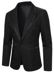 Calvornis Men's Solid Color Lapel Neck Long Sleeve Blazer And Pants Suit, Fashionable Casual Everyday Wear, Old Money - Black - View 6