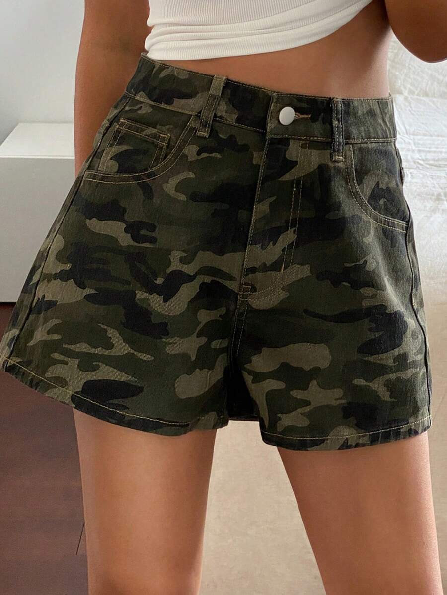 Livesso Quần short denim nữ kiểu dáng rộng rãi, thoải mái, họa tiết da báo, thích hợp cho mùa hè. - màu xanh lá - Xem 1