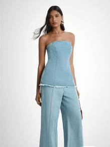 Daynim 女士休闲度假磨边牛仔抹胸 - 淺色水洗藍 - 查看 2