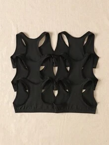 SHEIN Bộ 6 áo ngực thể thao lưng chữ Y thoải mái, mềm mại, thoáng khí, tối giản dành cho bé gái tuổi teen - màu đen - Xem 2