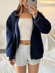 少女藏蓝色宽松休闲卫衣，简约风格，适合休闲和运动穿着。蓝色青少年服装，藏蓝色卫衣，蓝色连帽夹克，少女短款夹克，秋冬季女童服装 - 藍色 - 查看 6