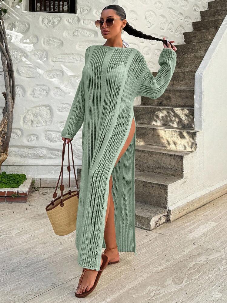 Women Crochet Knit Long Dress With Long Sleeve - Mint Green - View 1