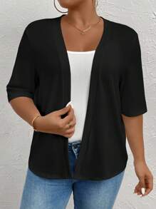 Elenzga Plus Size Women Knit Open Front Black Cardigan, For Woman - Black - View 3