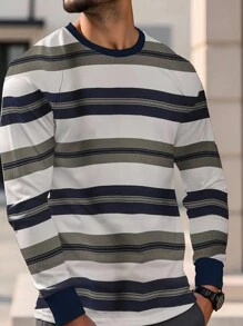 Manfinity Dauomo Men's Striped Print Casual Versatile Long Sleeve Pullover T-Shirt - Multicolor - View 3