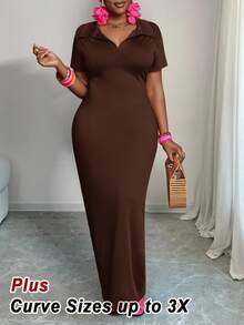 Slaydiva 女士大码休闲百搭夏季日常简约休闲修身高弹力Polo领短袖连衣裙棕色长款连衣裙巧克力棕色连衣裙棕色连衣裙长款棕色连衣裙棕色紧身连衣裙 - 棕色 - 查看 5