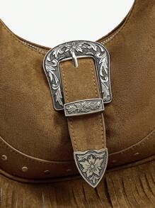 SHEIN ICON 女士单肩包、流浪包、时尚、个性、简约、百搭、街头、甜美酷炫女孩、辣妹、Y2K、复古、铆钉、复古、流苏、牛皮印花、西式、波西米亚风、音乐节、青少年 - 棕色 - 查看 6