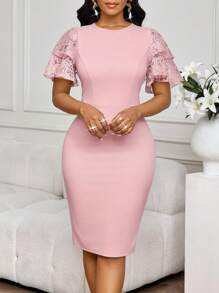 SHEIN Lady Women's Elegant Contrast Lace Ruffle Sleeve Midi Dress, Summer,Work Dresses