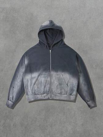 Grunge Punk Sweat-shirt zippé lavé avec dégradé pour hommes, style court oversize