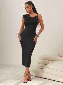 Metal Chain Strap Asymmetrical Draped Neck Midi Dress, Business Casual Woman, Office Outfit - Black - View 5