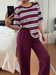 SHEIN 女士休闲彩色条纹印花圆领短袖睡衣套装女士睡衣套装女士休闲套装女士睡衣套装女士睡衣套装女士家居服套装女士睡衣套装 - 彩色 - 查看 7