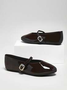 Solezae Women's Blod Buckle Wide Open Round Toe Shiny Pu Brown Mary Jane Flats-Luxe-Feeling For Office To Dinner - Chocolate Brown - View 5