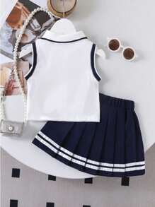 SHEIN Genkimix Kids 2pcs Set Young Girl School Style Heart Print Lapel Sleeveless Top And Pleated Skirt With Ribbon Trim, Suitable For Summer Back To School Season