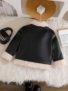 SHEIN Áo khoác lông thú giả vá PU Millennium Chic màu đen cho bé gái, Thu/Đông - màu đen - Xem 2