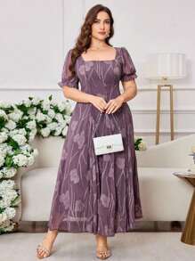 Modelyn Plus Size Elegant Chiffon Jacquard Square Collar Short Sleeve A-Line Dress For Spring & Summer - Mauve Purple - View 3