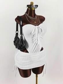 Amplova Plus Size Women Bandeau Bodysuit With Drawstring & High Waist Mini Skirt 2 Pieces Set - White - View 5