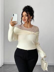 Elenzga Maglione elegante da donna taglie forti con lavorazione a maglia a contrasto e nodo, autunnale - Beige - Visualizzare 1