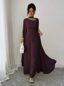 Elenzga Váy đi biển phong cách Pháp lãng mạn thanh lịch dành cho nữ, vải voan mỏng, cổ khoét sâu, dây buộc chéo sau lưng, chân váy maxi xòe, tay dài, xẻ tà, thích hợp cho tiệc trà chiều, tiệc tùng, phong cách Trung Đông, xuân/hè - Màu Tím - Xem 8