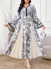 Al Najma 大码女式全印花V领优雅长袖阿拉伯风长裙 - 藍白色 - 查看 3