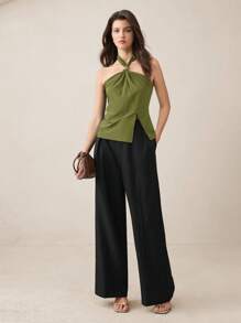 BizChic 绿色金属装饰纽扣设计露背侧开衩上衣，时尚优雅，都市通勤日常浪漫90年代复古风，适合圣诞节、新年、情人节、派对、海滩、毕业典礼、时尚、嘉年华、假日、婚礼宾客、外出、约会、聚会、音乐会、舞台表演、早餐、机场等多种场合。 - 綠色 - 查看 5