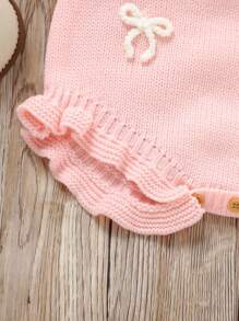 SHEIN 1pc Cute Baby Romper Jumpsuit, White Strap Dress With Pink Bow And Ruffle Trim Baby Girl Romper Baby Girl Summer Outfit Baby Girl Bow Romper Knit Baby Romper Baby Girl Overalls Baby Girl Knit Romper Fall Winter