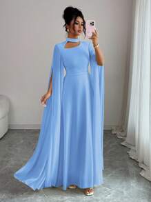 Elenzga 女士优雅法式浪漫度假风沙滩裙，雪纺透明面料，镂空领口，后背交叉系带，喇叭长裙，长袖，开衩袖口，适合下午茶、派对、中东风格、春夏季 - 藍色 - 查看 5