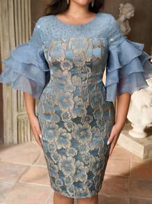 Aureia Plus Size Elegant Cocktail Dress With Satin Jacquard, Organza Ruffle Collar, Rhinestone Embellishments, In Greyish Blue Date Night Outfits Women - Blue - View 8