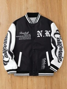 SHEIN جاكيت سميكة مفتوحة الأمام بياقة بيسبول ذات نمط حرفي إنجليزي للأولاد المراهقين، ملابس كاجوال للاستخدام اليومي