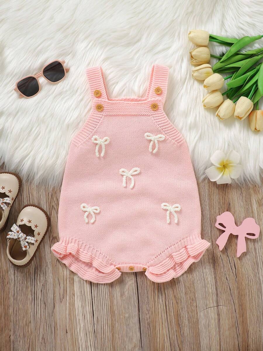SHEIN 1pc Cute Baby Romper Jumpsuit, White Strap Dress With Pink Bow And Ruffle Trim Baby Girl Romper Baby Girl Summer Outfit Baby Girl Bow Romper Knit Baby Romper Baby Girl Overalls Baby Girl Knit Romper Fall Winter