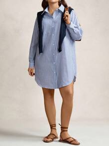 SHEIN PETITE CURVE Vestido corto de manga larga con estampado de rayas para mujer de talla grande