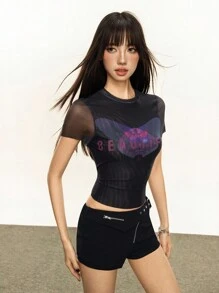INAWLY Camiseta de manga corta con cuello redondo, ajustada, con estampado digital y parches de malla - Negro - Ver 3