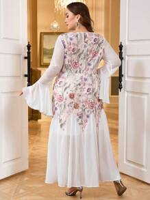 Modelyn Plus Size Elegant Blommig Patchwork Midiklänning med Utsvängda Ärmar - Multifärgad - Visa 2