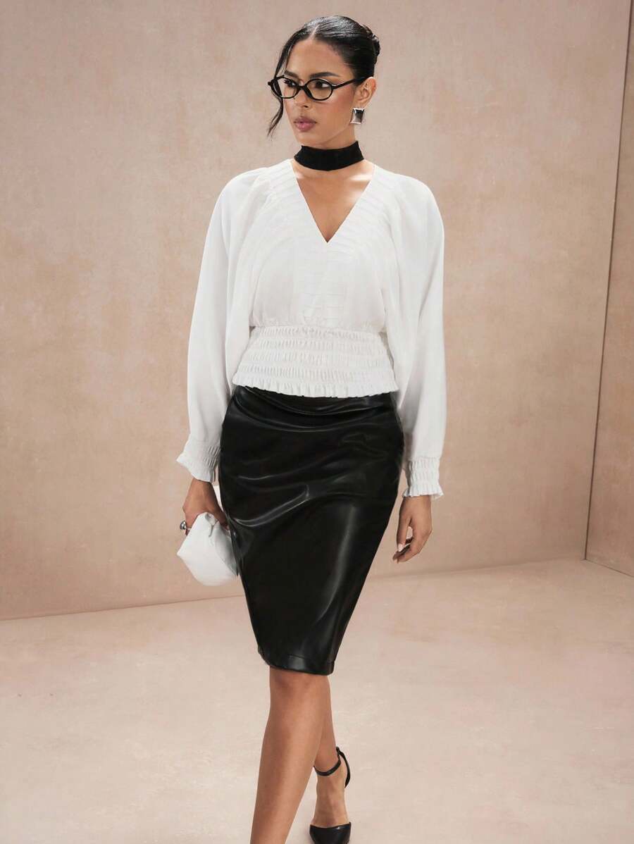 SHEIN Unity 女士纯色口袋优雅中长款紧身半身裙 - 黑色 - 查看 1