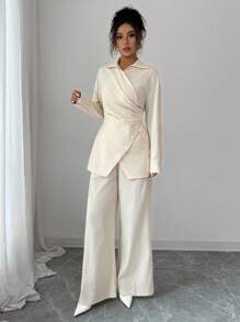 Modelyn 女士春秋梭织领长袖系带休闲两件套服装