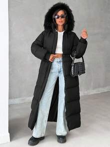 EURMUSE Women's Casual Fashionable Daily Versatile Solid Color Patchwork Faux Fur Hooded Extra Long Padded Coat, Winter